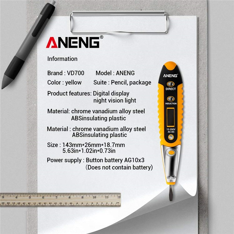 ANENG VD700 Digital Display Multi-functional Safety Induction Electro-technical Pen with LED Lighting - Yellow-2