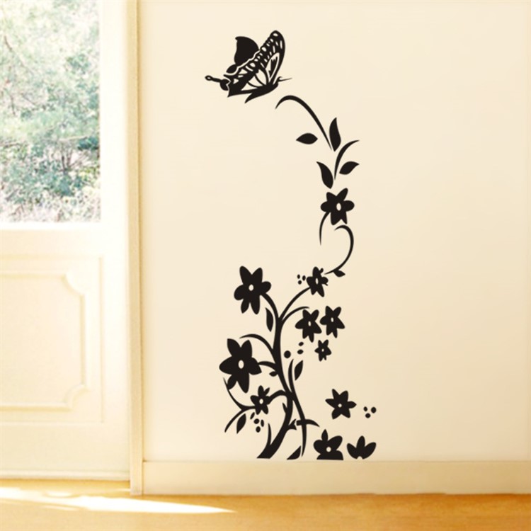 Butterfly Flower Rattan Refrigerator Wall Sticker Adhesive Wallpaper Mural Art Decal 88x43cm - Black-2