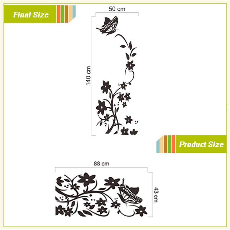 Butterfly Flower Rattan Refrigerator Wall Sticker Adhesive Wallpaper Mural Art Decal 88x43cm - Black-3