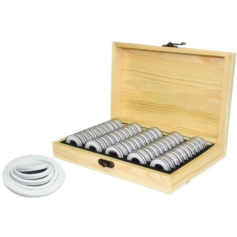 Wood Coins Storage Box Case for Slab Certified Coin with 50 Capsules-4