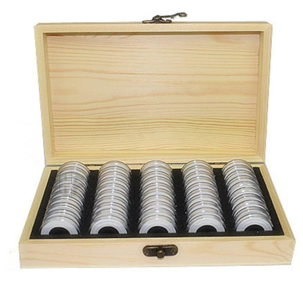 Wood Coins Storage Box Case for Slab Certified Coin with 50 Capsules-7