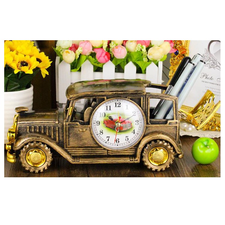 Simulation Vintage Car Alarm Clock Multifunctional Pencil Holder Antique Car Model - Bronze-1