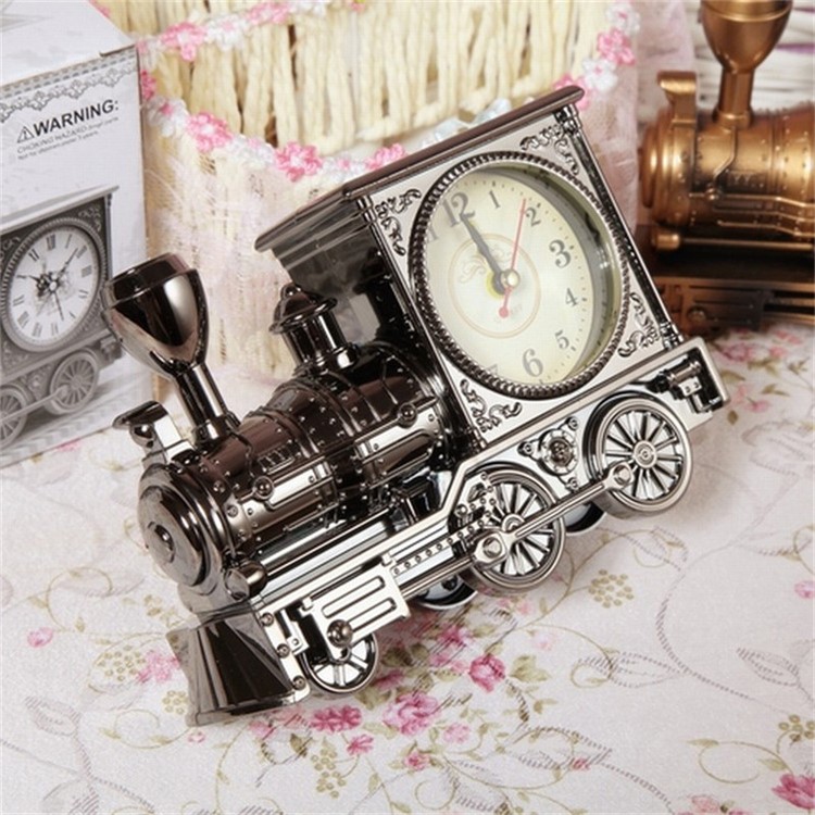 Simulation Vintage Car Alarm Antique Train Model Desktop Clock Home Decor - Silver-2