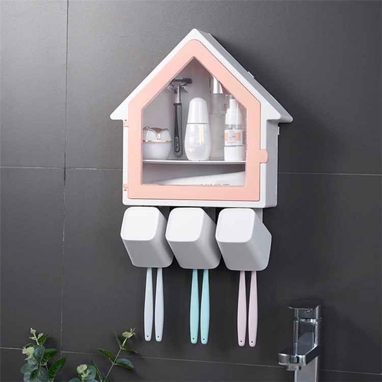 Wall Mounted Creative Small House Double Layer Storage Rack Bathroom Wash Cup Sets - Pink-3