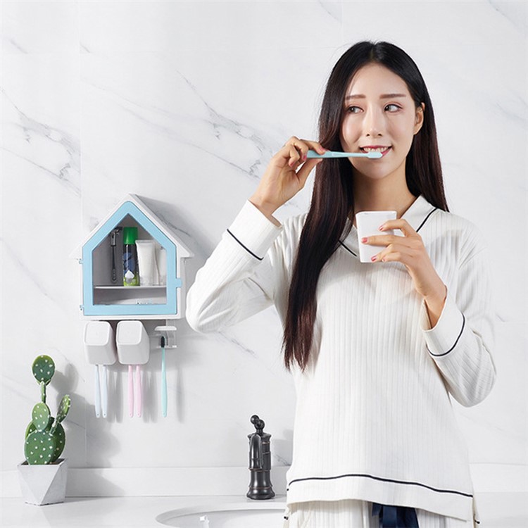 Wall Mounted Creative Small House Double Layer Storage Rack Bathroom Wash Cup Sets - Blue-4