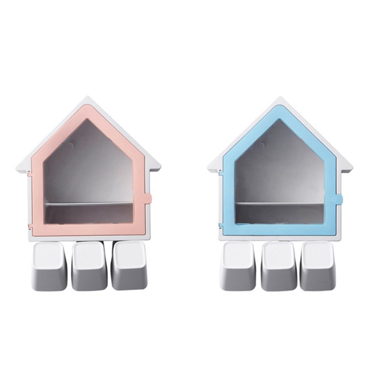 Wall Mounted Creative Small House Double Layer Storage Rack Bathroom Wash Cup Sets - Blue-5
