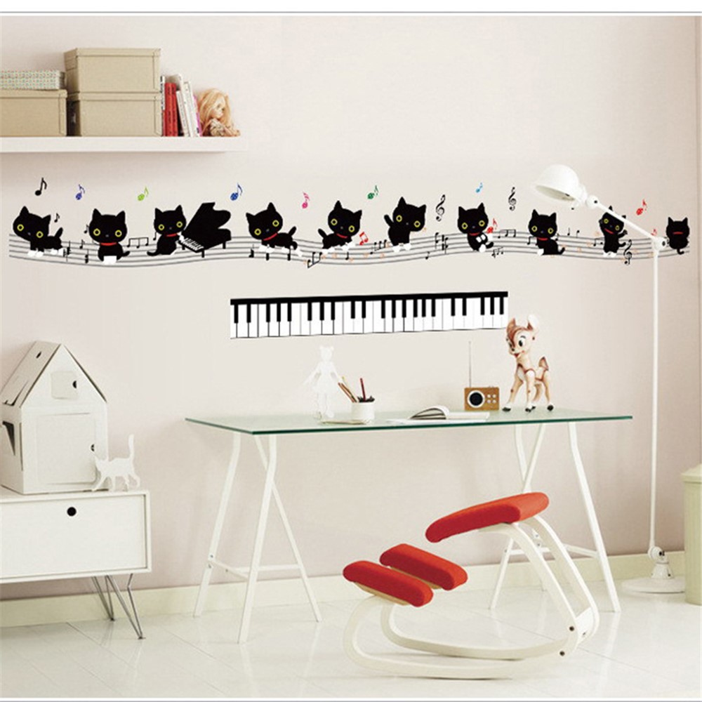 Cartoon Piano and Cat Pattern Removable Wall Decal Children Room Decoration-1