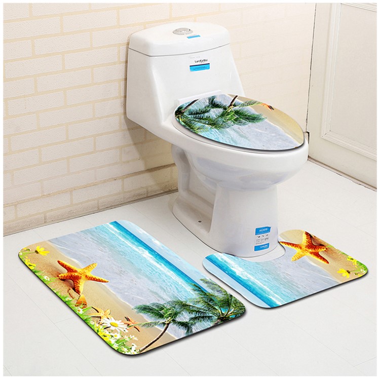 3PCS/Set 3D Sea View Pattern Toilet Cover Mat Sets - Seaside Coconut Tree
