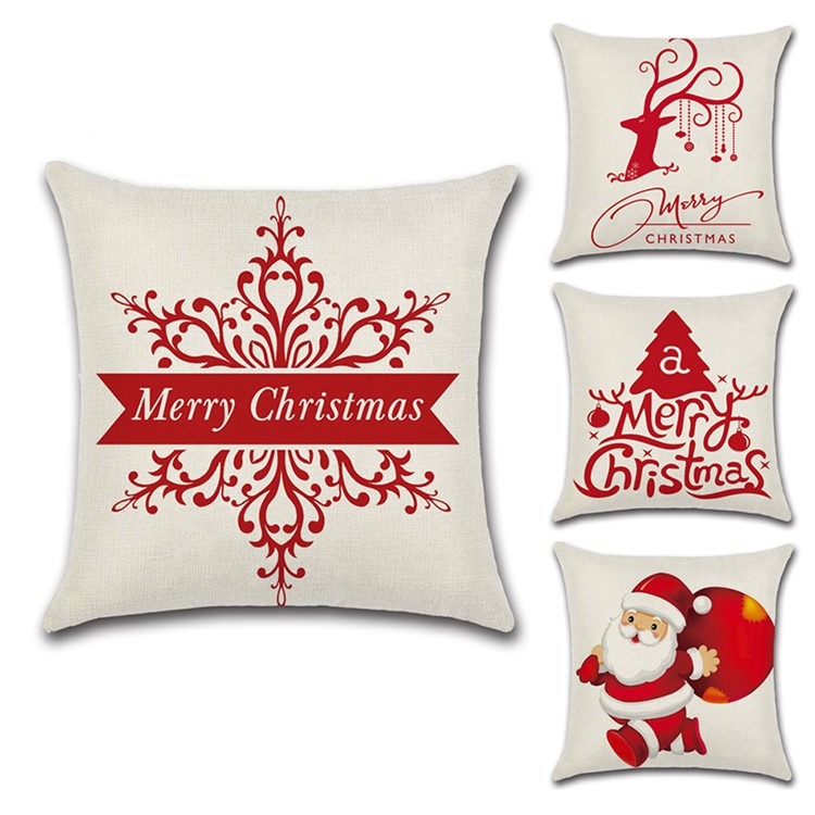 4Pcs Christmas Decor Pattern Pillow Case Cover Soft Linen Cotton Square Cover 45x45cm - White-1