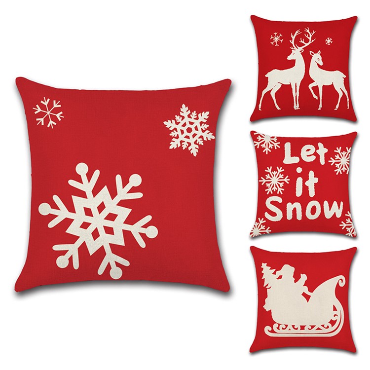 4Pcs Christmas Decor Pattern Pillow Case Cover Soft Linen Cotton Square Cover 45x45cm - Red-1