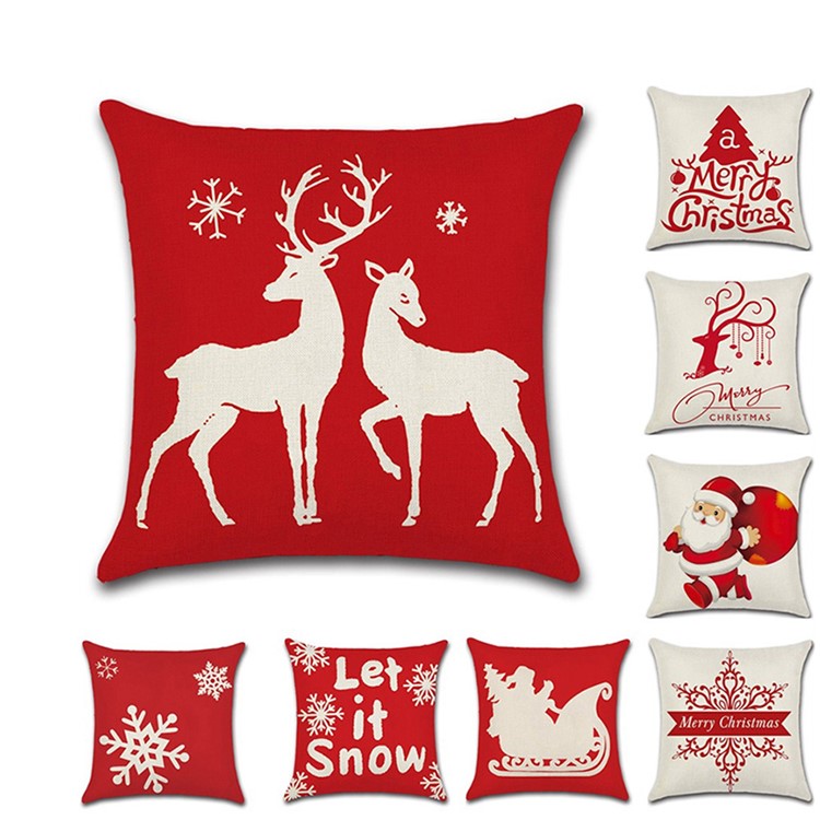 4Pcs Christmas Decor Pattern Pillow Case Cover Soft Linen Cotton Square Cover 45x45cm - Red-7