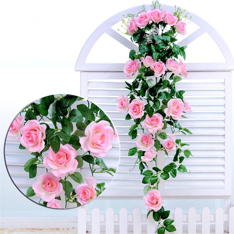 Artificial Rose Flowers Vine Garland for Wedding Office Decoration - Pink-3