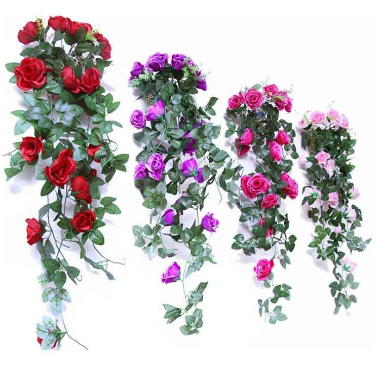 Artificial Rose Flowers Vine Garland for Wedding Office Decoration - Red-2