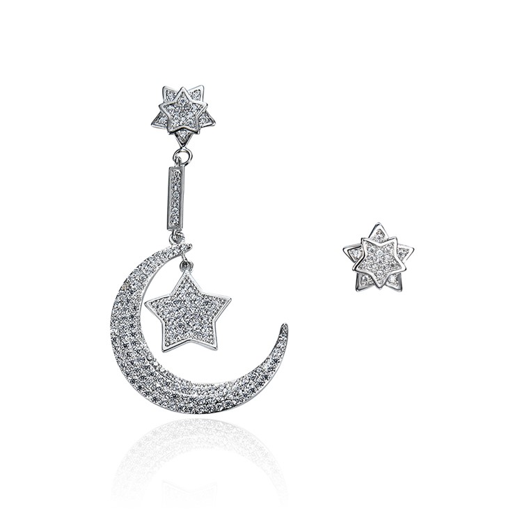 Women's Moon and Star Shape 24K Plated Zircon Drop Earrings - Silver-1