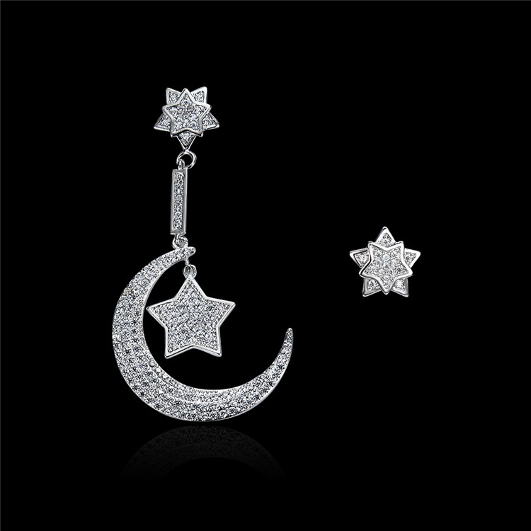 Women's Moon and Star Shape 24K Plated Zircon Drop Earrings - Silver-2