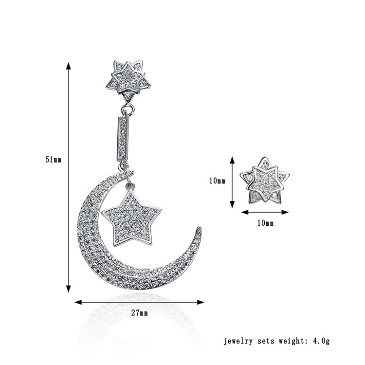 Women's Moon and Star Shape 24K Plated Zircon Drop Earrings - Silver-3