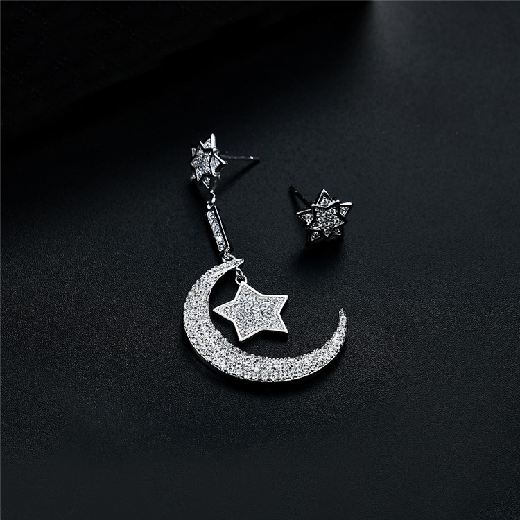 Women's Moon and Star Shape 24K Plated Zircon Drop Earrings - Silver-4