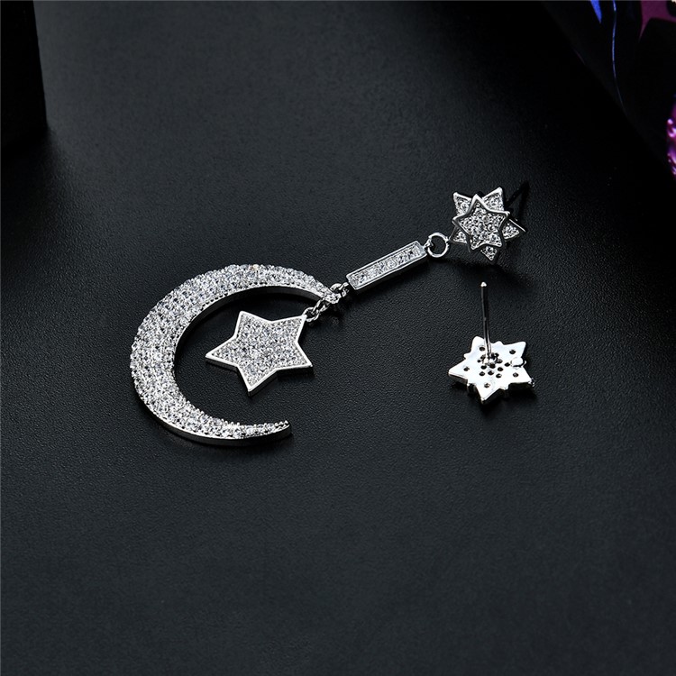 Women's Moon and Star Shape 24K Plated Zircon Drop Earrings - Silver-5