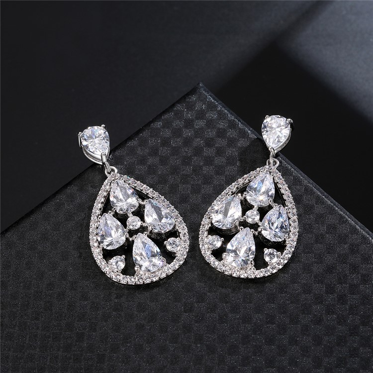 Waterdrop Shape 24K Plated Zircon Fashion Drop Earrings - Silver-4