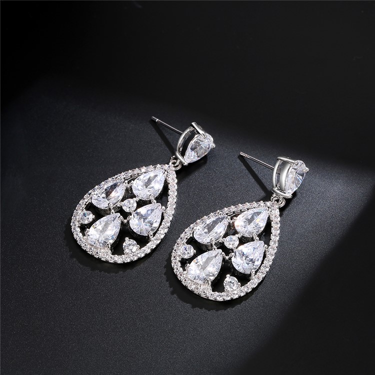 Waterdrop Shape 24K Plated Zircon Fashion Drop Earrings - Silver-5