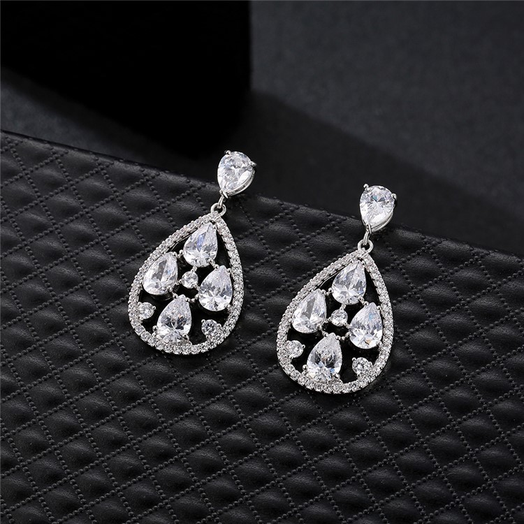 Waterdrop Shape 24K Plated Zircon Fashion Drop Earrings - Silver-6