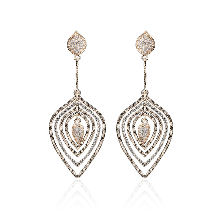 Leaf Shape 24K Plated Women's Zircon Dangle Drop Earrings - Gold-1