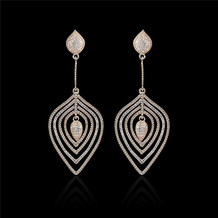 Leaf Shape 24K Plated Women's Zircon Dangle Drop Earrings - Gold-2