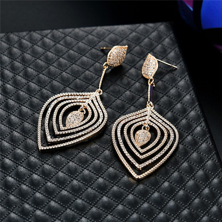 Leaf Shape 24K Plated Women's Zircon Dangle Drop Earrings - Gold-4