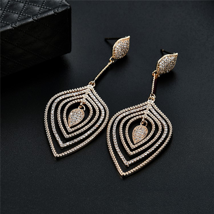 Leaf Shape 24K Plated Women's Zircon Dangle Drop Earrings - Gold-5