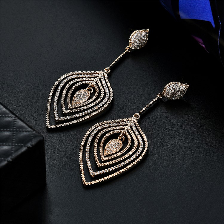 Leaf Shape 24K Plated Women's Zircon Dangle Drop Earrings - Gold-6