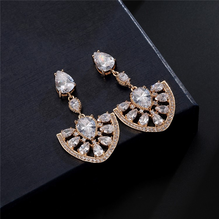 Women's 24K Plated Zircon Diamond Drop Earrings - Gold-4
