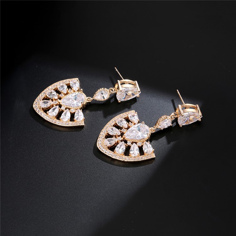 Women's 24K Plated Zircon Diamond Drop Earrings - Gold-5