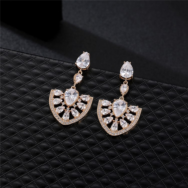 Women's 24K Plated Zircon Diamond Drop Earrings - Gold-6