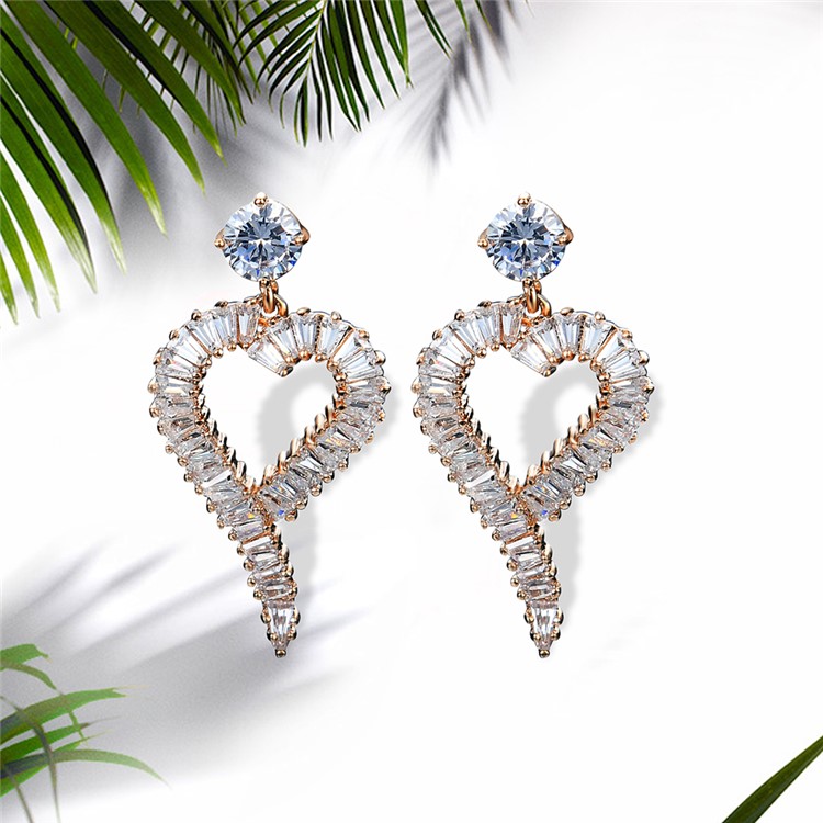 Heart Shape Women's 24K Plated Zircon Drop Earrings-1