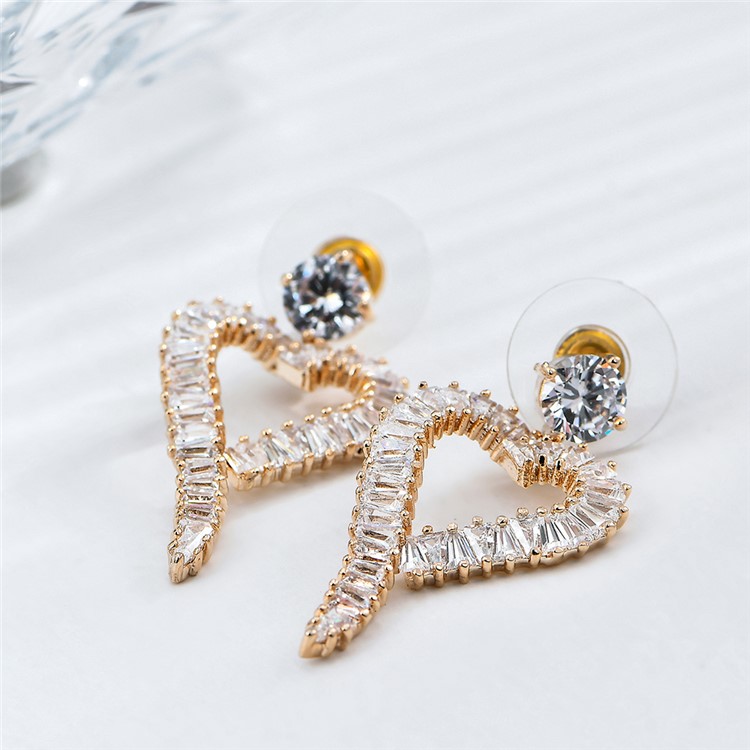 Heart Shape Women's 24K Plated Zircon Drop Earrings-4