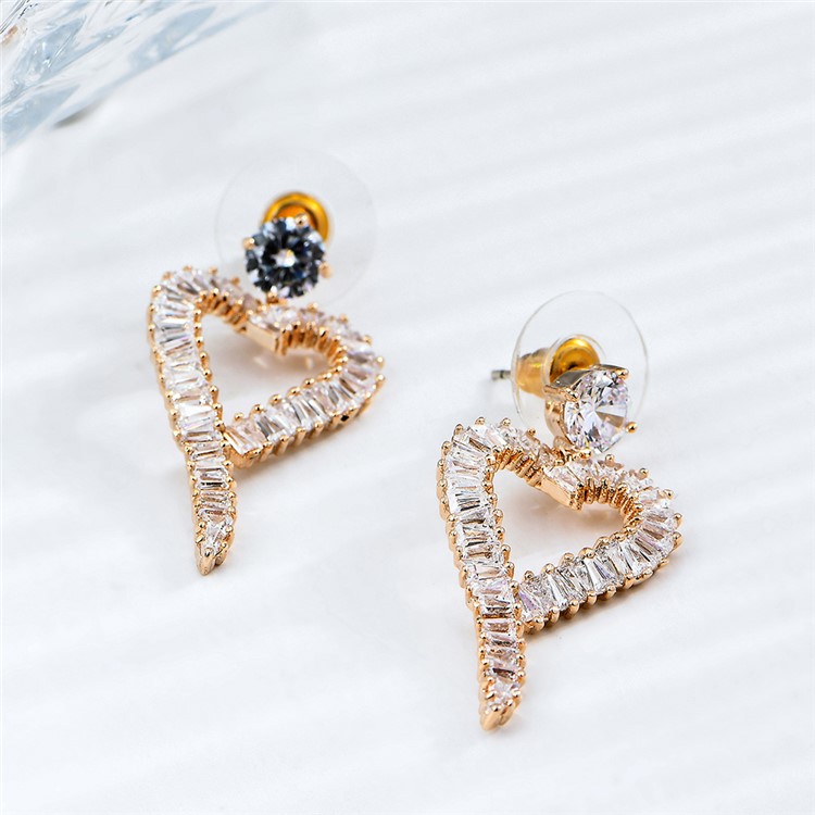 Heart Shape Women's 24K Plated Zircon Drop Earrings-5