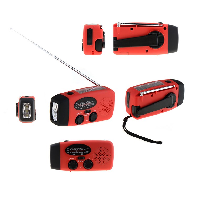 Emergency Solar Hand Crank Self Powered AM / FM Radio LED Flashlight - Red-1