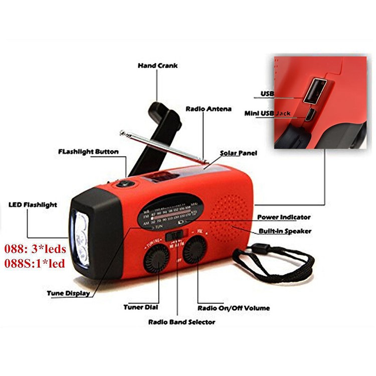 Emergency Solar Hand Crank Self Powered AM / FM Radio LED Flashlight - Red-3