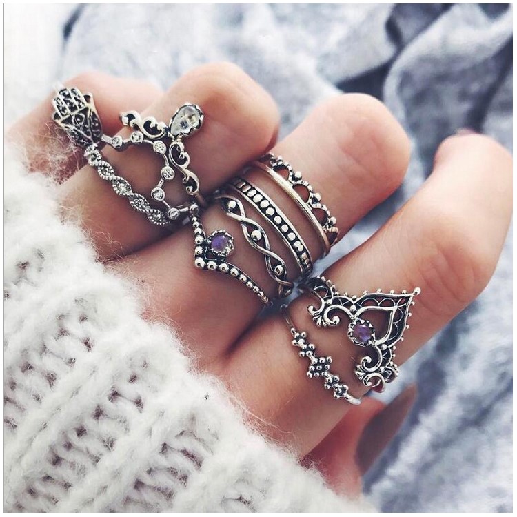 10Pcs/Set Vintage Crystal Alloy Carved Finger Ring Set Jewelry Set for Women-1