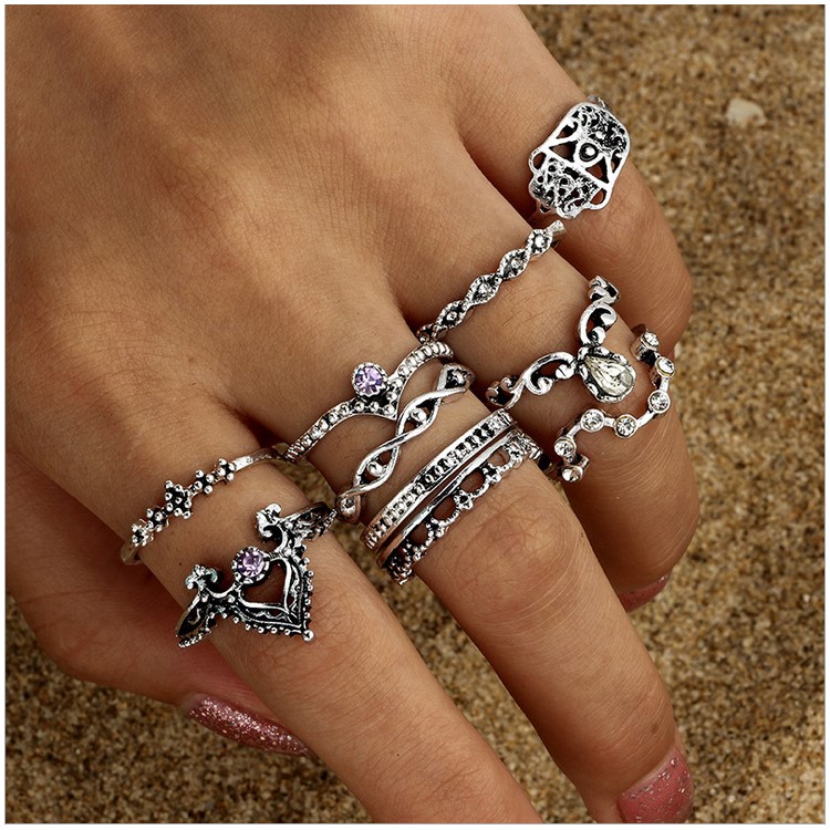 10Pcs/Set Vintage Crystal Alloy Carved Finger Ring Set Jewelry Set for Women-2