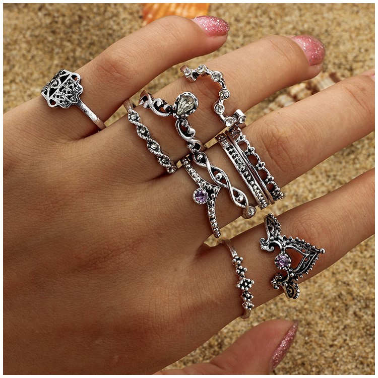 10Pcs/Set Vintage Crystal Alloy Carved Finger Ring Set Jewelry Set for Women-3