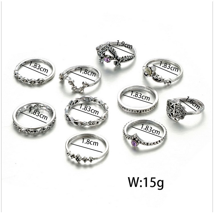 10Pcs/Set Vintage Crystal Alloy Carved Finger Ring Set Jewelry Set for Women-4