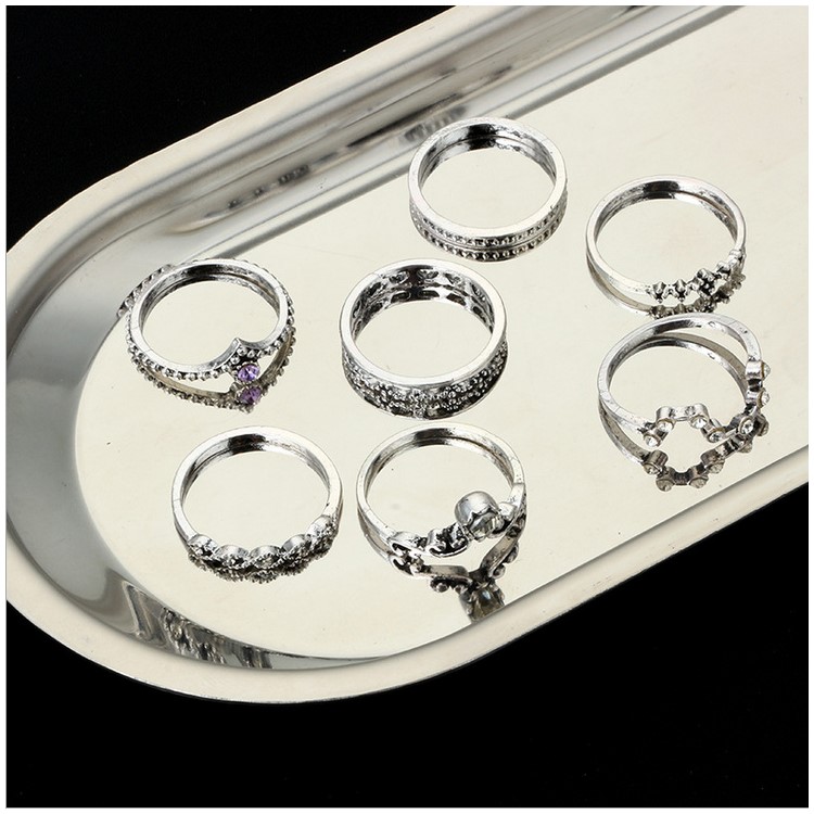 10Pcs/Set Vintage Crystal Alloy Carved Finger Ring Set Jewelry Set for Women-5