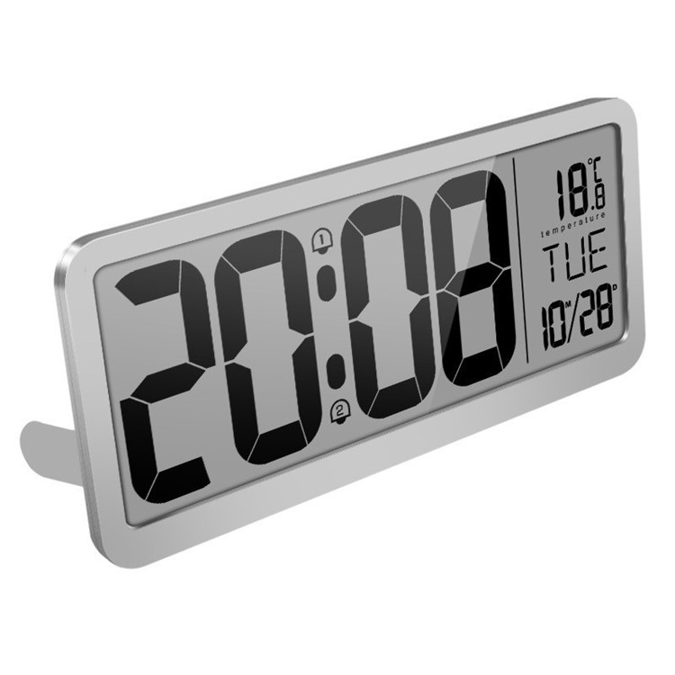 Home Digital LCD Big Large Screen LED Display Electronic Alarm Clock Temperature - Silver