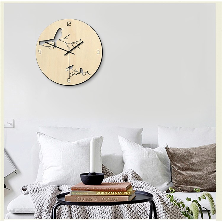 Hollow Living Room Wall Clock Creative Silent Wooden Bird Clock-2