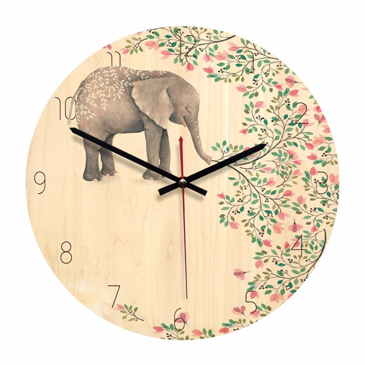 Retro Home Silent Wood Wall Clock Living Room Creative Clock - Elephant and Flower