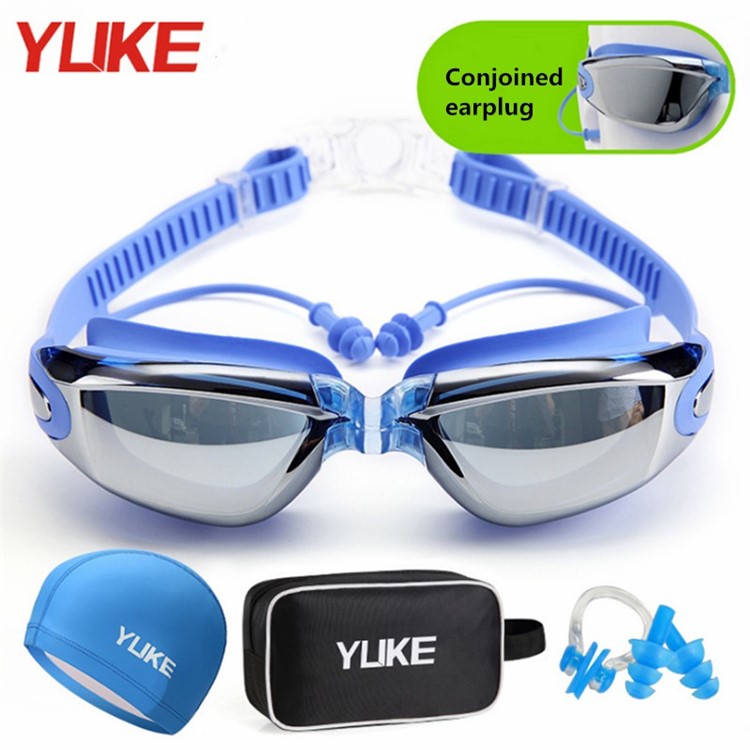 Adult Waterproof Anti-Fog UV Shield Swim Glasses Swimming Goggles Cap Set - Blue-1