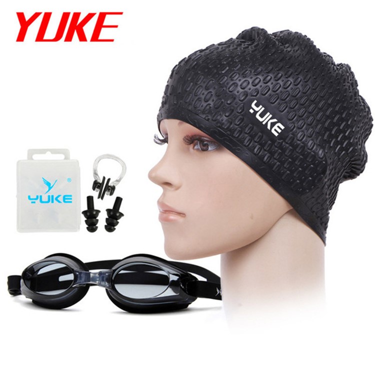 Anti Fog Silicone Swimming Googles Cap Earplug Nose Clip Set - Black Cap / Black Goggle-1