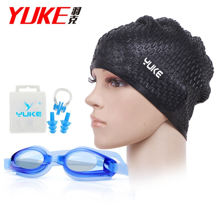 Anti Fog Silicone Swimming Googles Cap Earplug Nose Clip Set - Black Cap / Blue Goggle-1