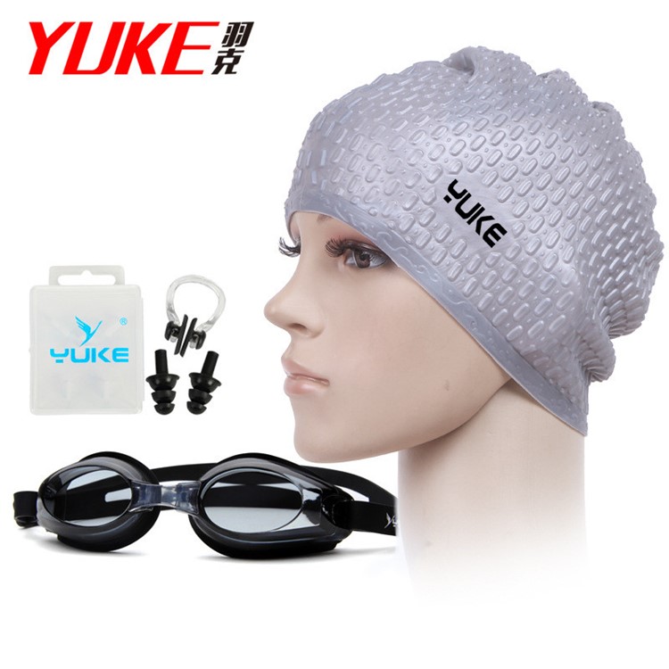 Anti Fog Silicone Swimming Googles Cap Earplug Nose Clip Set - Silver Cap / Black Goggle-1
